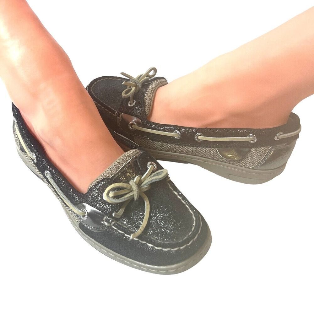 Sperry Top-Sider Black/Brown Leather Women's 8 M Loafer Glitter Bow Slip On Flat